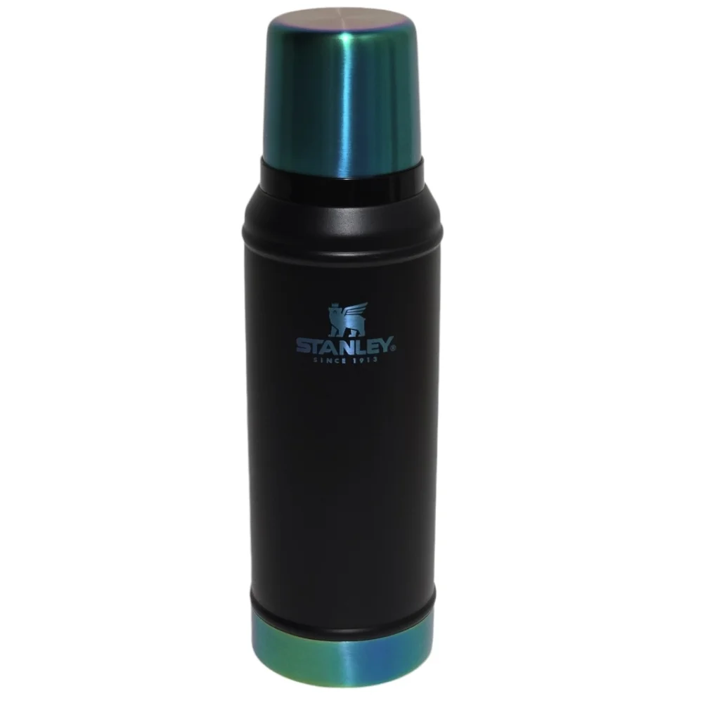 Stanley Black Stainless Steel Thermos with Iridescent Green-Blue Cap - Picture 1 of 14